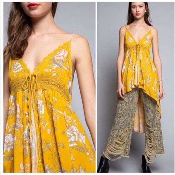 yellow high low Floral Tunic with Spaghetti Straps - Picture 5 of 9